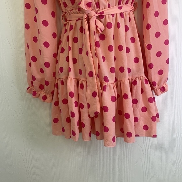 PrettyLittleThing- Dusty Pink Polka Dot Bardot Tie Waist Shift Dress Size 2 - Picture 7 of 13